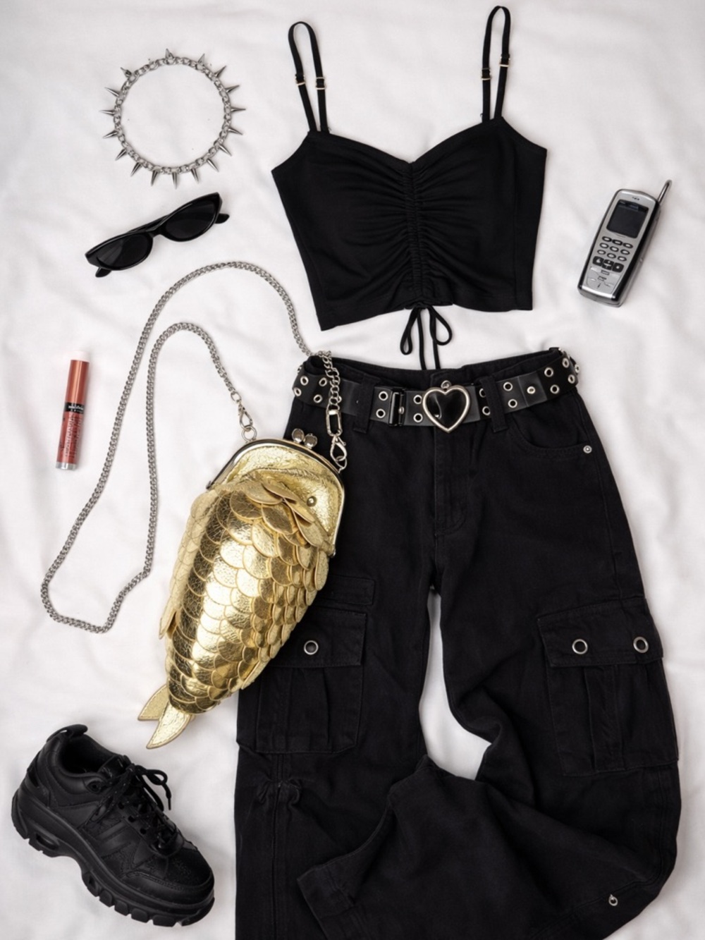 Far Nine Gold Fish Clutch Purse Novelty Crossbody Metallic Y2K Statement